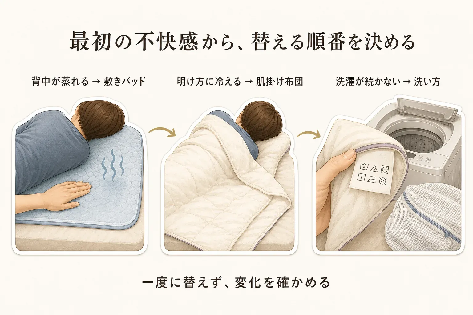 最初に出る不快感で寝具を替える順番を決める図。背中が蒸れる場合は敷きパッド、明け方に冷える場合は肌掛け布団、洗濯が続かない場合は洗い方を確認し、一度に替えず変化を確かめる流れを示す。