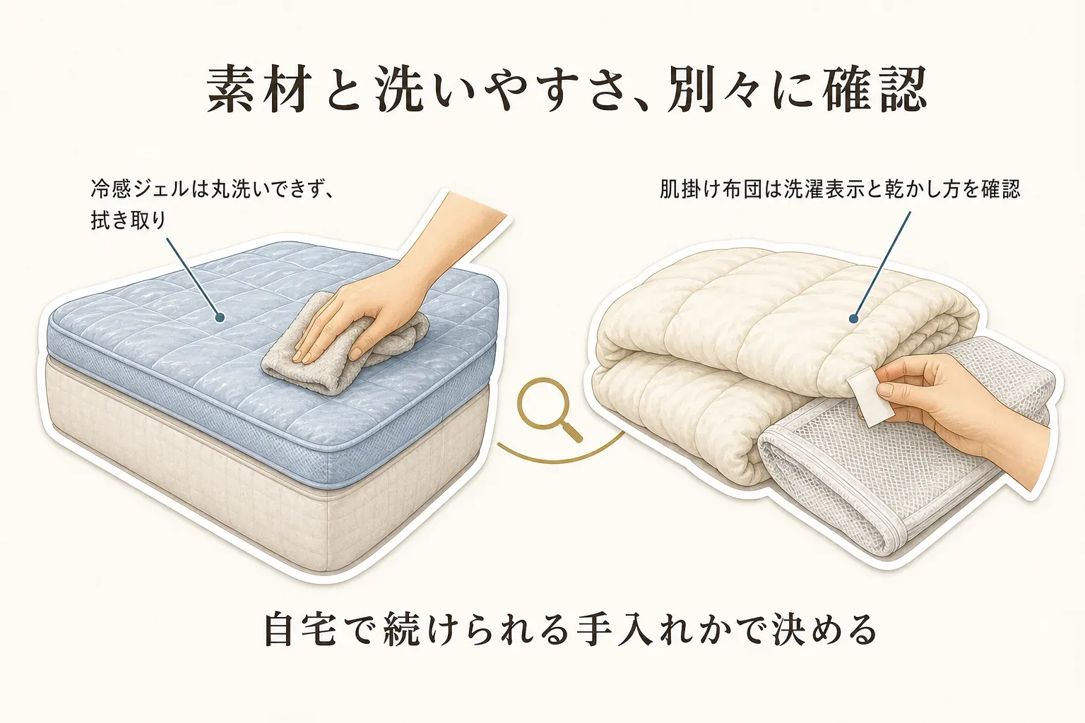 素材と洗いやすさを別々に確認する図。冷感ジェルの敷きパッドは丸洗いできず拭き取りで手入れし、肌掛け布団は洗濯表示と乾かし方を確認して、自宅で続けられる手入れ方法で選ぶことを示す。