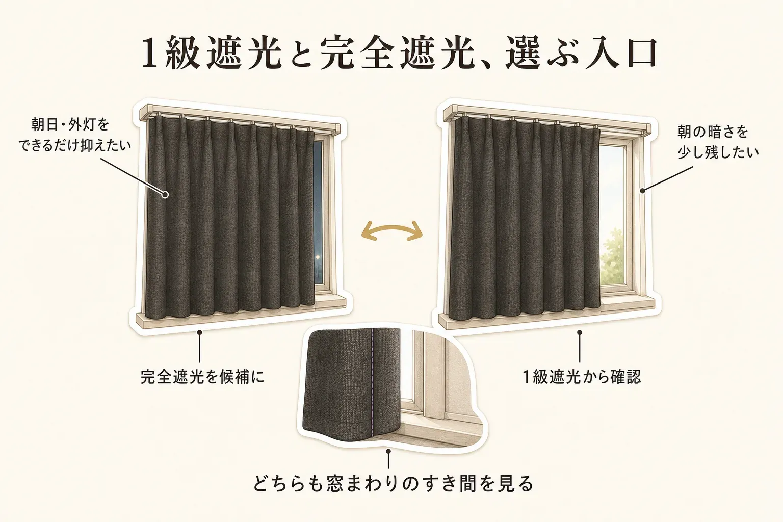 朝日や外灯をできるだけ抑えたい場合は完全遮光を候補にし、朝の暗さを少し残したい場合は1級遮光から確認する選び方と、どちらも窓まわりのすき間を確認することを示した図。