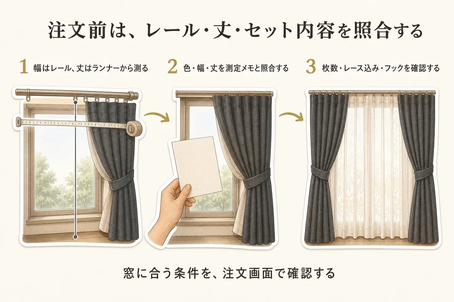 注文前に、幅はカーテンレール、丈はランナーから測り、色・幅・丈を測定メモと照合し、枚数・レースの有無・フックを確認する3段階を示した図。