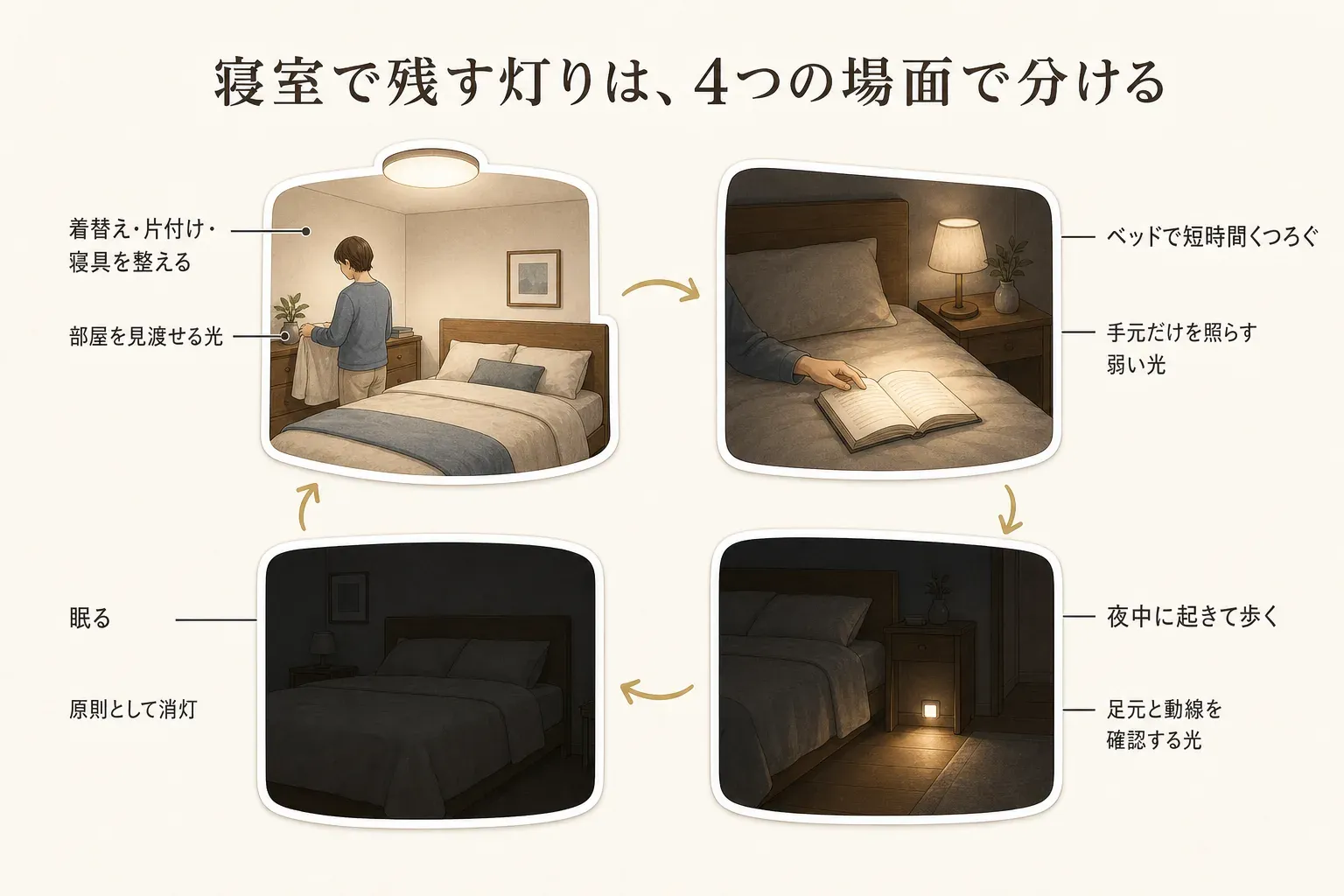 着替え・片付け・寝具を整える場面では調光・調色できるシーリングライトまたは必要な範囲を照らせるペンダントライト、ベッドで短時間くつろぐ場面ではテーブルライトや間接照明、夜中に起きて歩く場面では常夜灯・足元灯・弱い間接光、眠る場面では原則消灯するという、寝室で残したい照明を場面別に示した図。出典：厚生労働省「良い睡眠の概要」