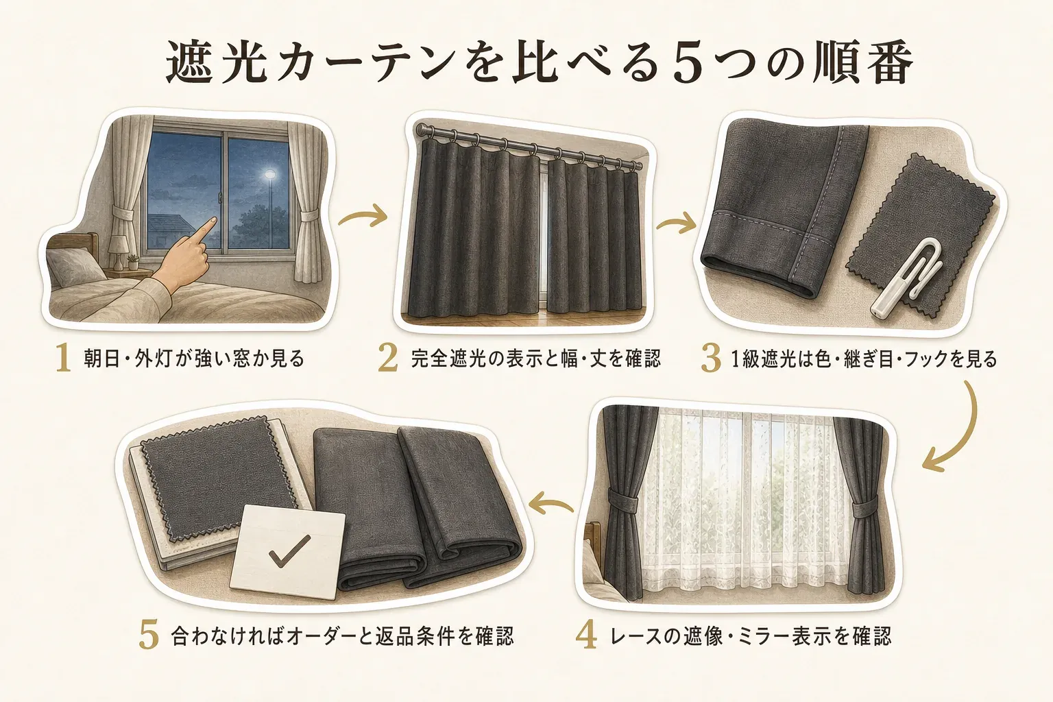 遮光カーテンを比べる順番として、朝日・外灯が強い窓かを見る、完全遮光の表示と幅・丈を確認する、1級遮光では色・継ぎ目・フックを見る、レースの遮像・ミラー表示を確認する、合わなければオーダーと返品条件を確認するという5段階を示した図。