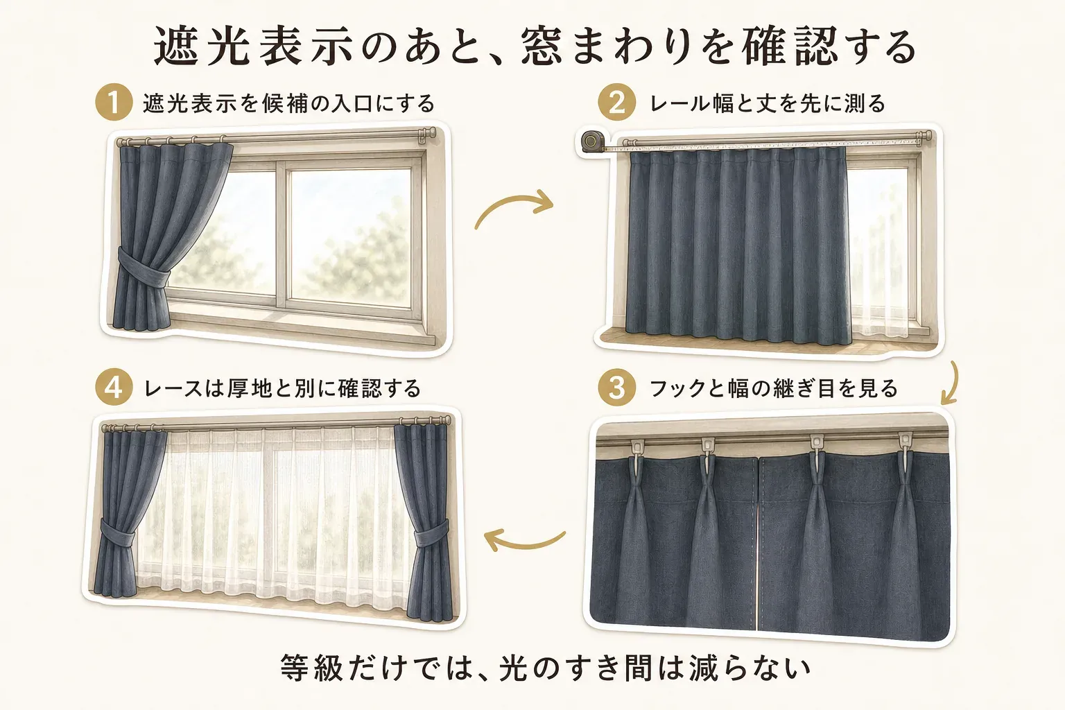 遮光カーテン選びでは、1. 遮光表示を候補の入口にする、2. レール幅と丈を先に測る、3. フックと幅の継ぎ目を見る、4. レースは厚地カーテンと別に確認する、という4つの確認順を示した図。等級だけでは窓まわりの光のすき間は減らないことを説明している。
