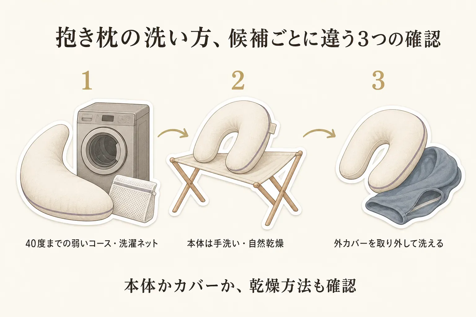 抱き枕の候補ごとに異なる洗い方を示した図。三日月型は40度までの弱いコースで洗濯ネットを使う方法、U字型は本体を手洗いして自然乾燥する方法、短いU字クッションは外カバーを取り外して洗う方法を示し、本体かカバーかと乾燥方法も確認するよう案内している。