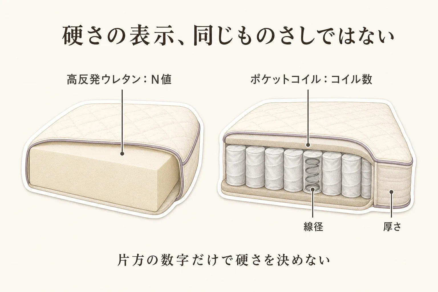 高反発ウレタンではN値を、ポケットコイルではコイル数・線径・厚さを確認するため、両者の硬さ表示は同じ物差しではなく、片方の数字だけで硬さを決めないことを示した図。