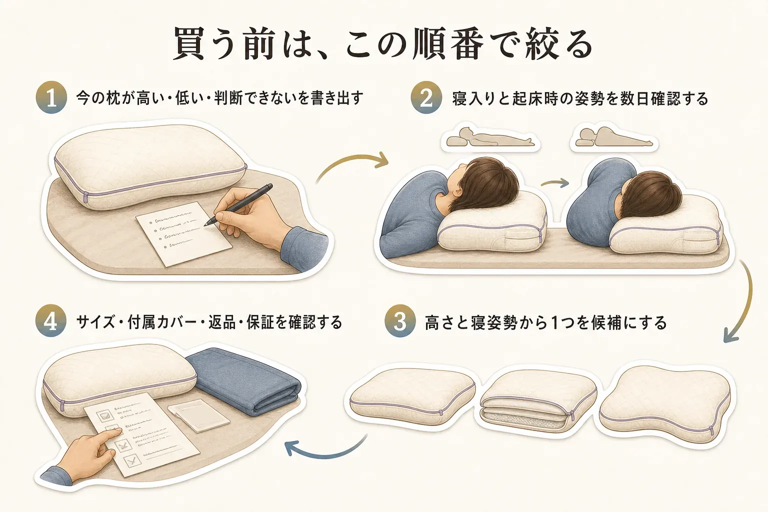 ヒツジのいらない枕の選び方を示す4ステップ図。今の枕の高さの悩みを確認し、寝入りと起床時の姿勢から横向き寝の程度を確認して、高さが定まらなければ調律、標準的な高さなら至極、横向き寝・高め・やわらかめを重視するなら極柔を候補にし、最後に商品ページでサイズや購入条件を確認する流れを示している。