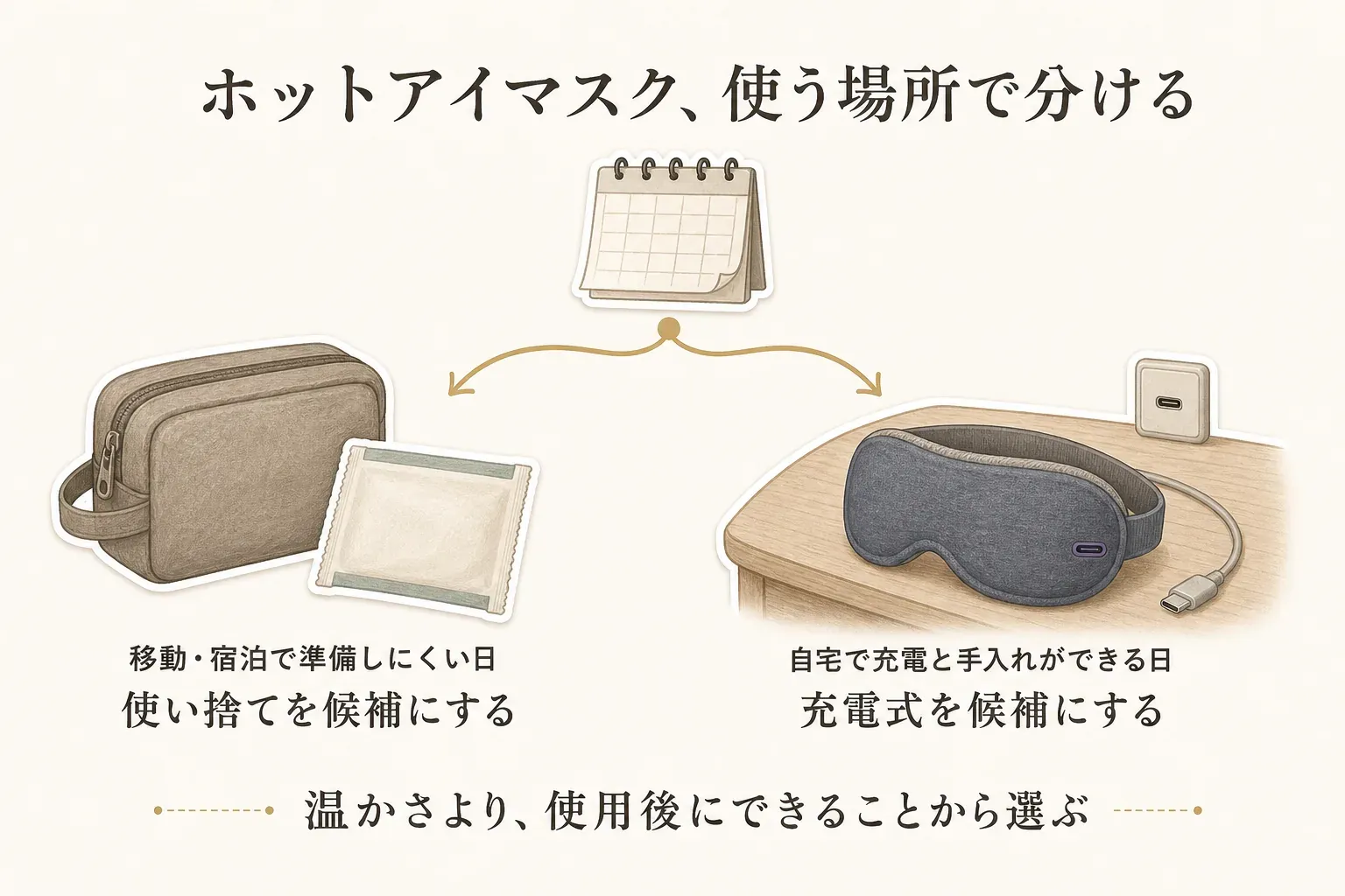 ホットアイマスクを使う場所で分ける図。移動・宿泊で準備しにくい日は使い捨て、自宅で充電と手入れができる日は充電式を候補にし、温かさより使用後にできることから選ぶよう示している。