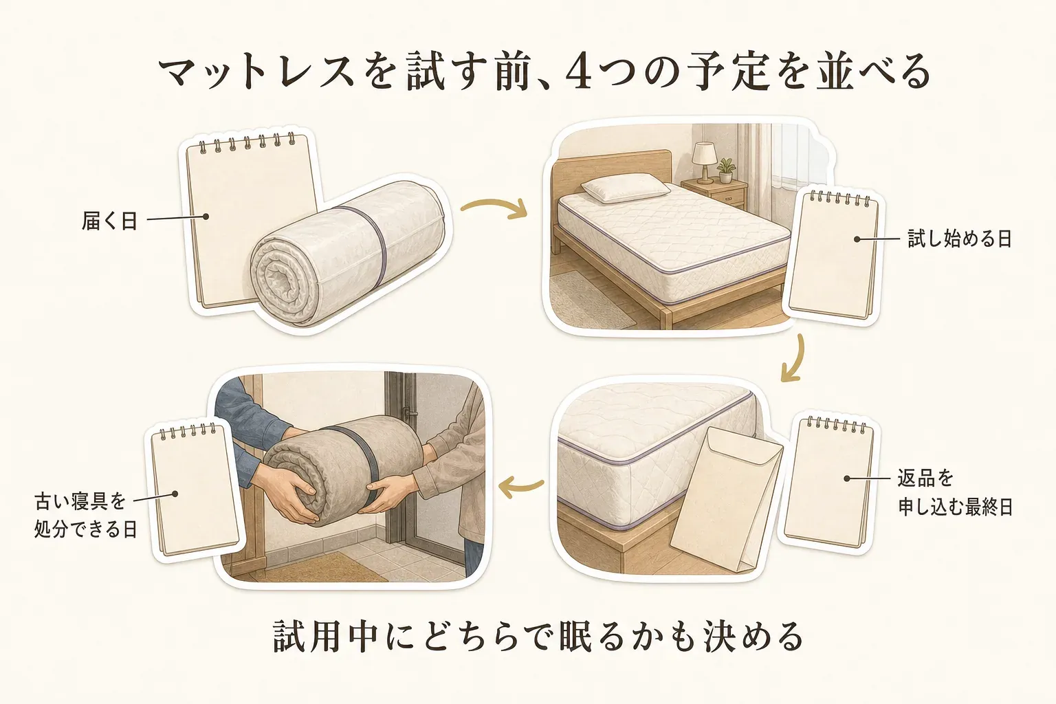 マットレスを試す前に、届く日、試し始める日、返品を申し込む最終日、古い寝具を処分できる日の4つを予定に並べ、試用中にどちらの寝具で眠るかも決める流れを示した図