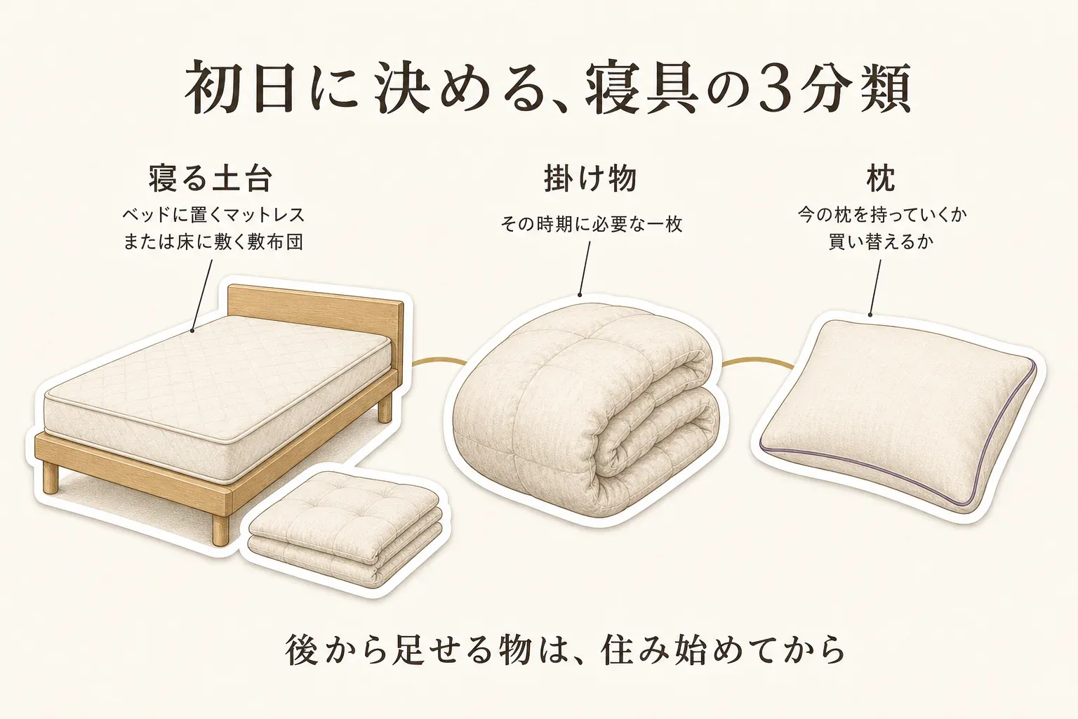 新生活の初日に決める寝具を、ベッドに置くマットレスまたは床に敷く敷布団の「寝る土台」、その時期に必要な一枚の「掛け物」、今の枕を持っていくか買い替えるかの「枕」の3分類に分け、後から足せる物は住み始めてから選ぶことを示した図