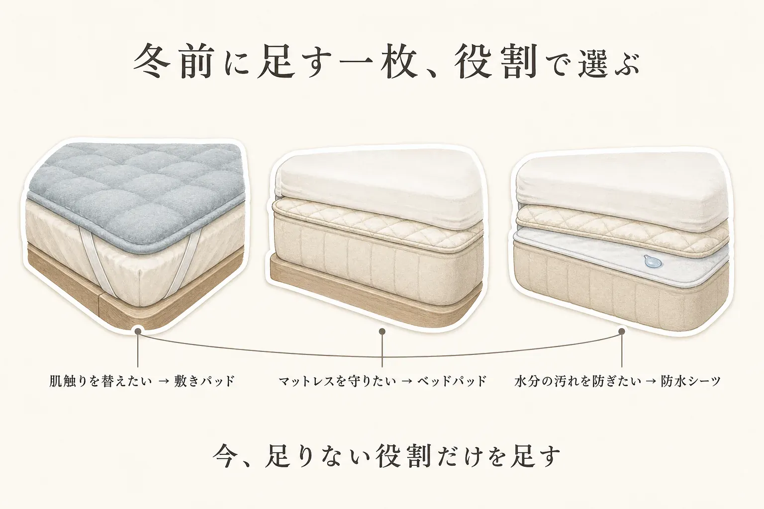 冬の肌触りを替えたい場合はシーツの上に敷きパッドを重ね、マットレスを汗や汚れから遠ざけたい場合はシーツの下にベッドパッドを置き、防水が必要な場合は使用方法を確認した防水シーツを保護用の層として加える、役割別の選び方を示した図。