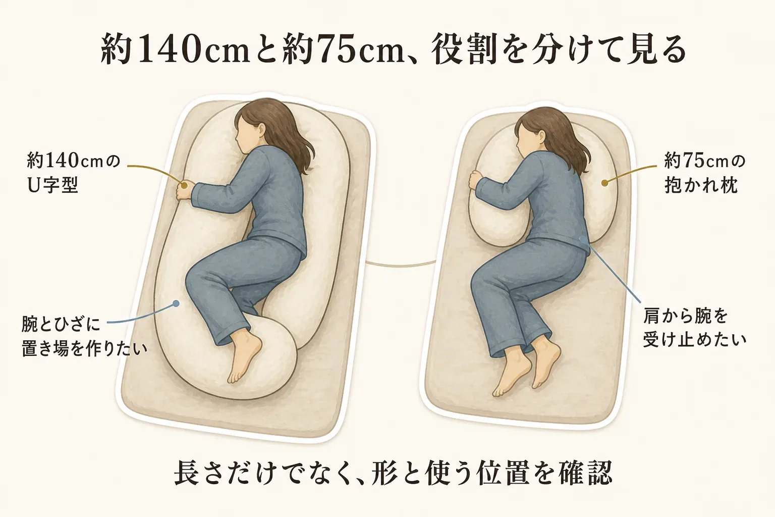 横向きで寝る人が約140cmのU字型抱き枕を抱え、腕とひざの両方に置き場を作る使い方と、約75cmの抱かれ枕で肩から腕を受け止める使い方を比較した図。長さだけでなく、形と使う位置を確認することを示している。