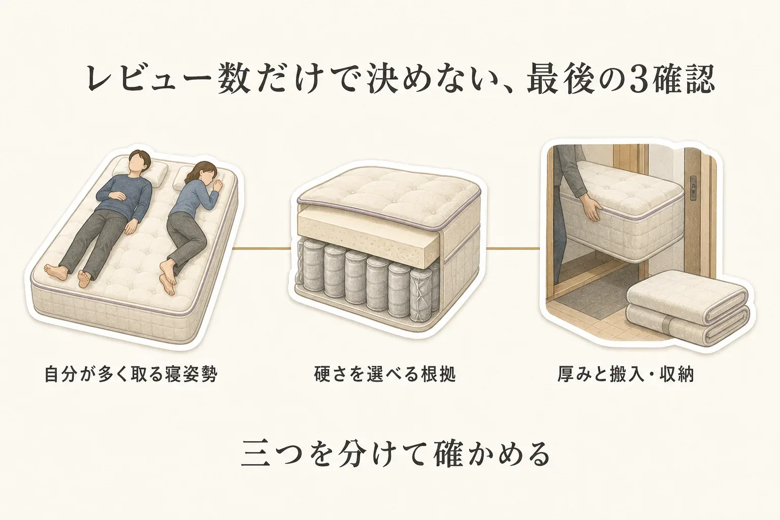 レビュー数だけでマットレスを決めず、自分が多く取る寝姿勢、硬さを選べる根拠、厚みと搬入・収納の3点を分けて確認することを示した図