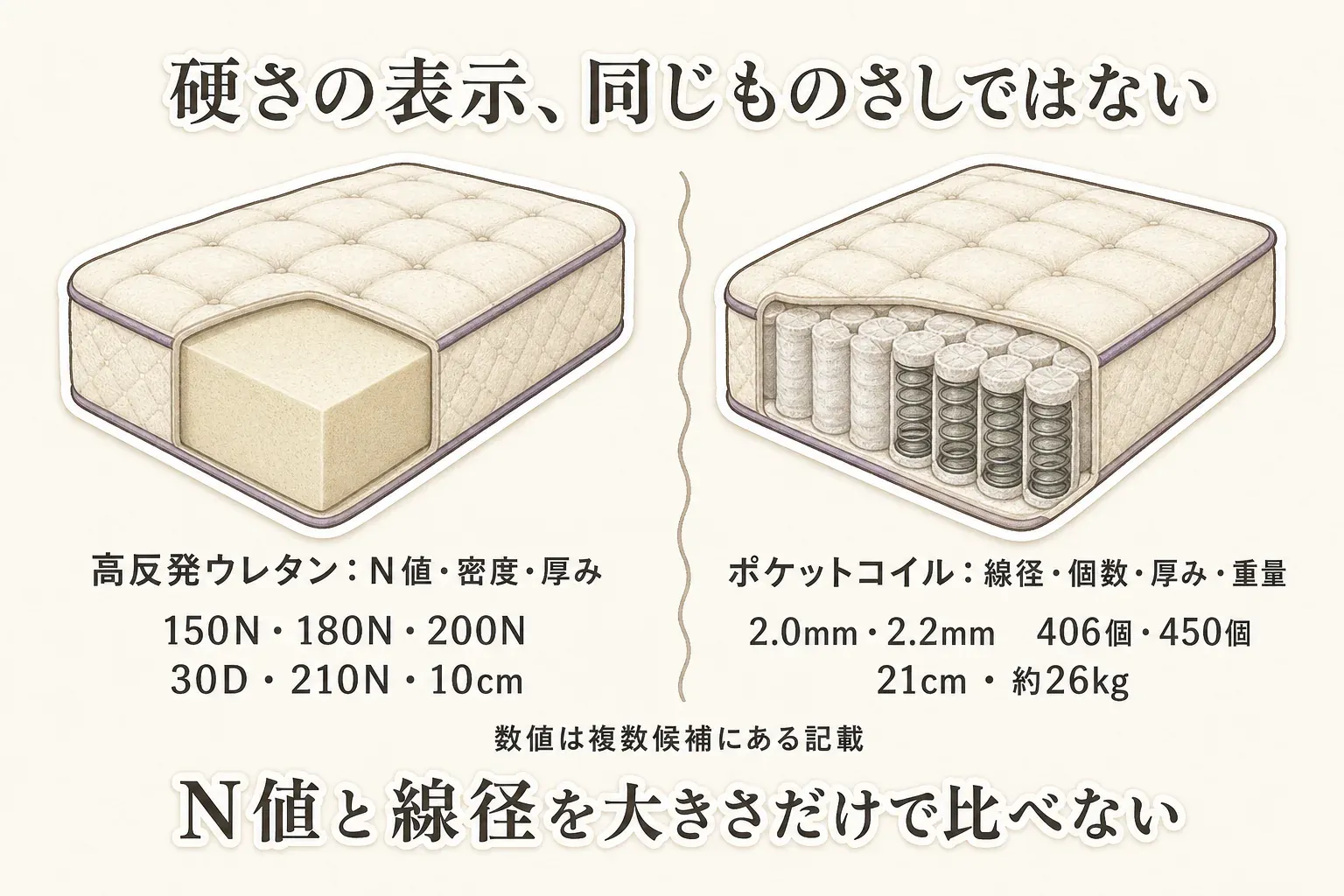 高反発ウレタンはN値・密度・厚み、ポケットコイルは線径・個数・厚み・重量を確認し、150N・180N・200Nや2.0mm・2.2mmなどの数値を大きさだけで比べないことを示した図