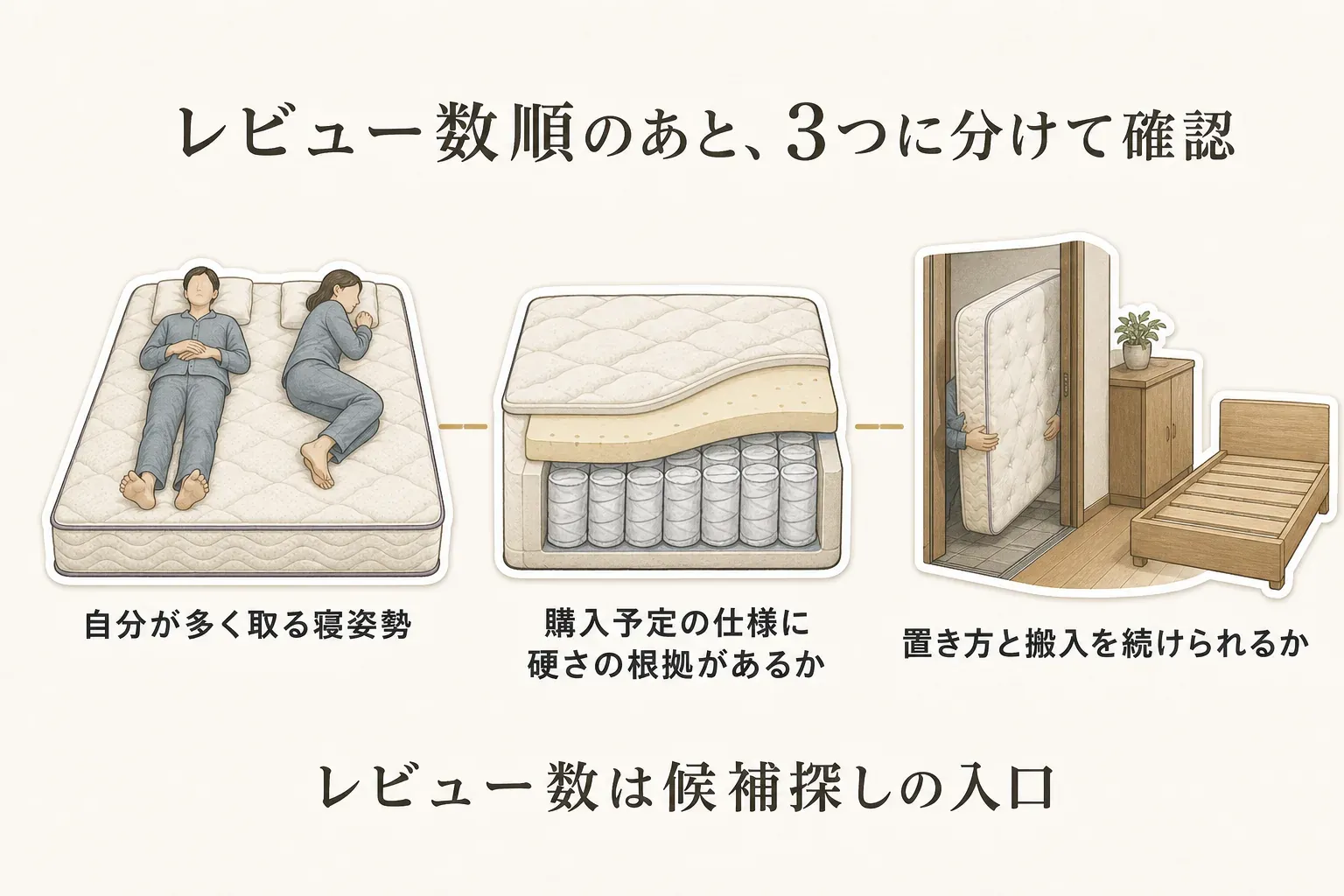 レビュー数順で候補を見た後に、自分が多く取る寝姿勢、購入予定の仕様に硬さの根拠があるか、置き方と搬入を続けられるかの3点に分けて確認し、レビュー数は候補探しの入口とすることを示した図