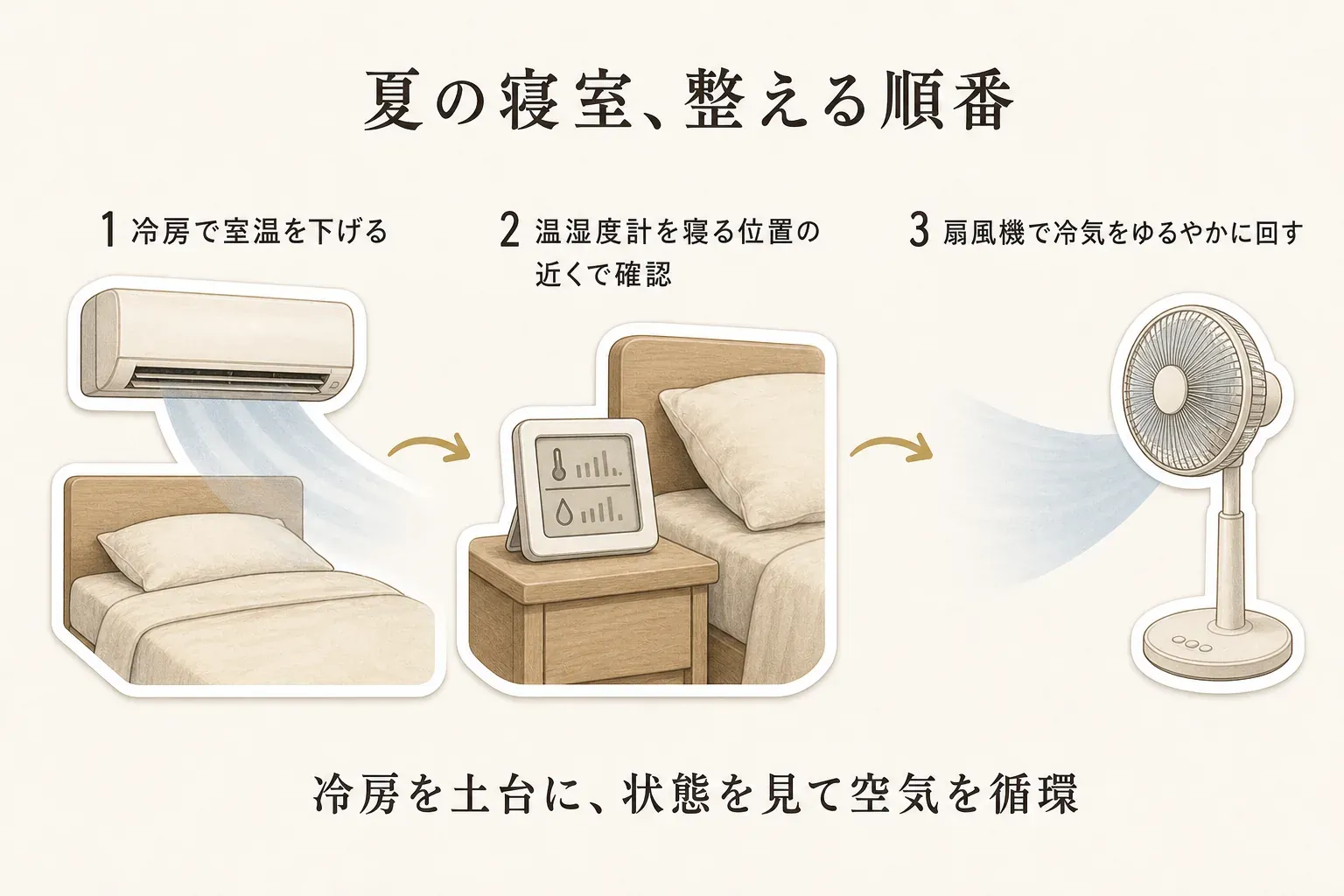 夏の寝室を整える順番として、まずエアコンの冷房で室温を下げ、次にベッド脇の温湿度計で寝る位置の状態を確認し、最後に扇風機で冷気をゆるやかに循環させる流れを示した図。