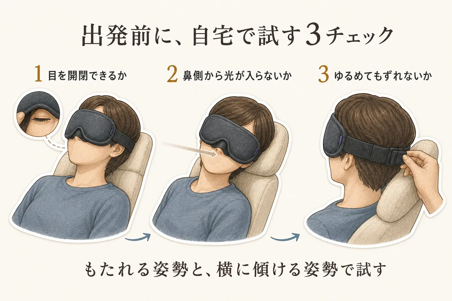 旅行用アイマスクを自宅で試す際に、目を開閉できるか、鼻側から光が入らないか、バンドをゆるめてもずれないかを、もたれる姿勢と横に傾ける姿勢で確かめる3項目を示したインフォグラフィック。