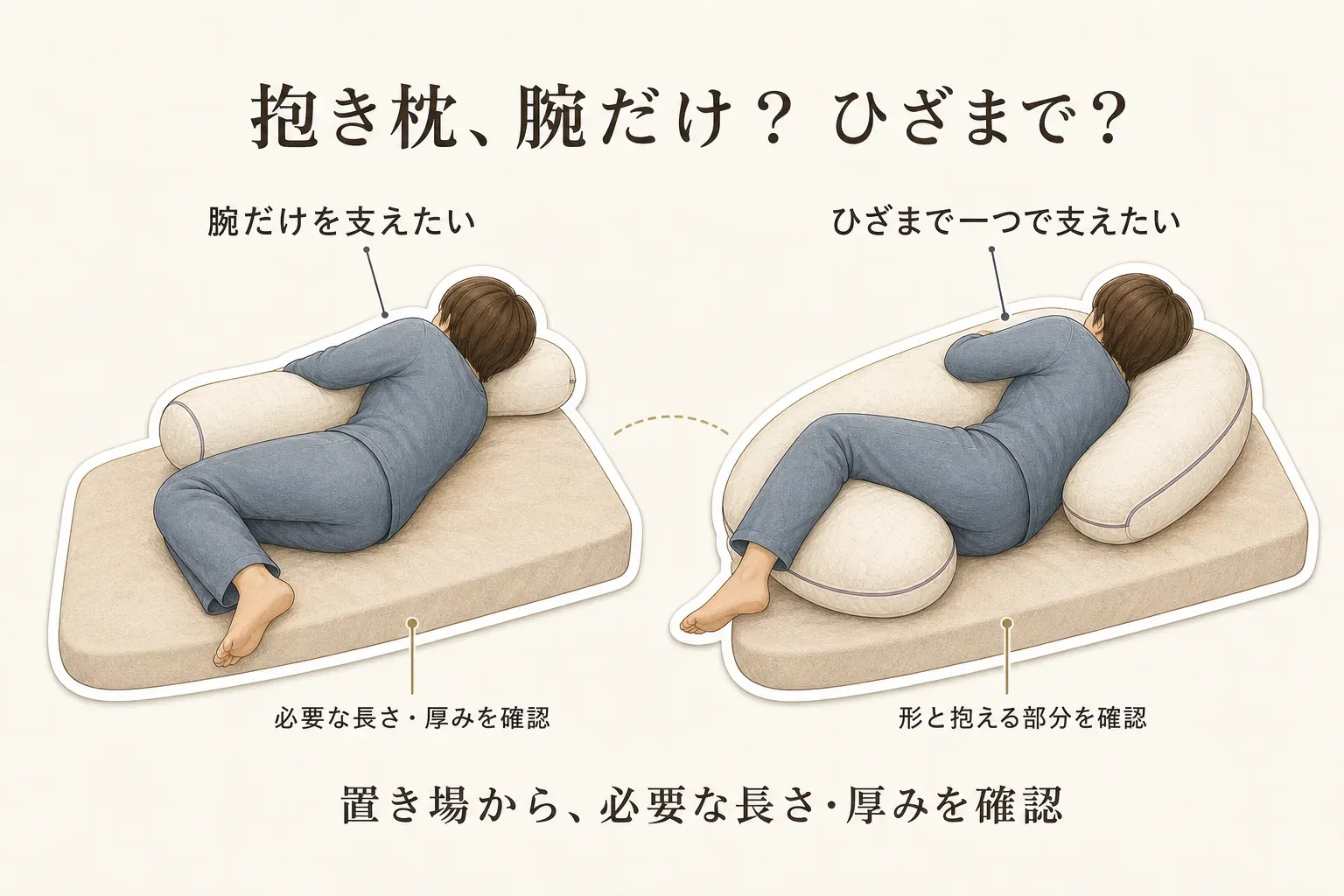 横向き寝で抱き枕を使う2つの例。腕だけを支えたい場合は必要な長さ・厚みを確認し、ひざまで一つで支えたい場合は形と実際に抱える部分を確認する。置き場から必要な長さ・厚みを選ぶことを示した図。