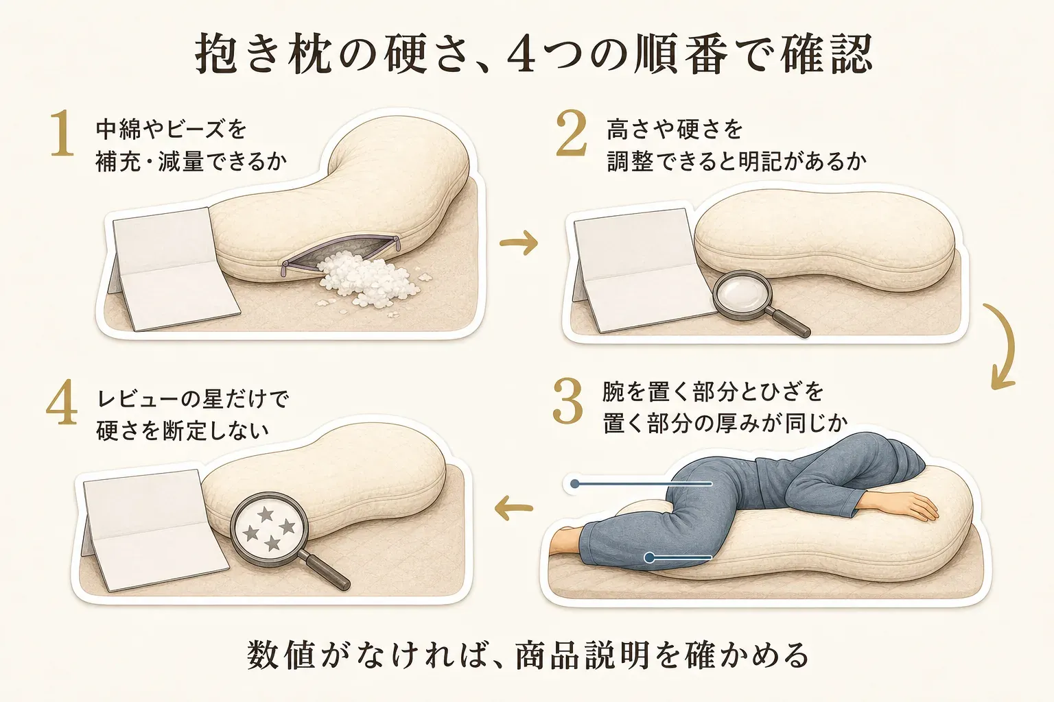 抱き枕の硬さを確認する4つの順番。中綿やビーズを補充・減量できるか、高さや硬さを調整できる明記があるか、腕とひざを置く部分の厚みが同じか、レビューの星だけで硬さを断定していないかを、抱き枕と商品説明のイラストで示した図。数値がなければ商品説明を確認する。